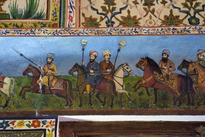 Azerbaijan, Shaki, Palace of Shaki Khans built in 1797 by Muhammed Hasan Khan, Khan's room, fresco depicting scenes of battles and cut heads on a spade