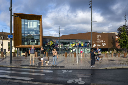 France, Cote d'Or, Dijon, area listed as World Heritage by UNESCO, International Cité of Gastronomy and Wine by architect Anthony Béchu, the light cannon that houses the Ferrandi school