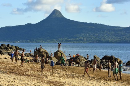 France, Mayotte island (French overseas department), Grande-Terre, Sada, kids playing football on Tahiti beach (Mtsagnougni) in the Bay of Boueni