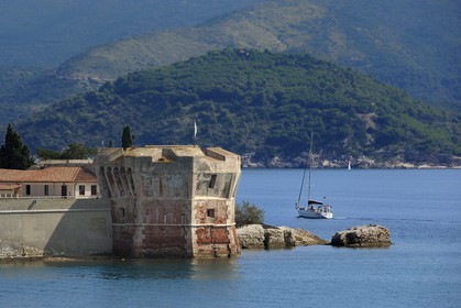 Italy, Tuscany, Elba Island, Portoferraio, the Torre del Martello Tower at the entrance of the port