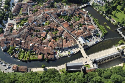 France, Dordogne, Brantome, Saint Pierre benedictine abbey along the Dronne river and the village (aerial view)