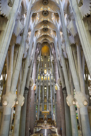 Spain, Catalonia, Barcelona, Eixample district, Sagrada Familia basilica by Catalan modernist architect Antoni Gaudi, listed as a UNESCO World Heritage Site, the choir, the ciborium, the dome and the vault of the Nave at the top