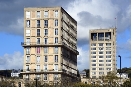 France, Seine Maritime, Le Havre, Downtown rebuilt by Auguste Perret listed as World Heritage by UNESCO, Perret building in the rue Victor Hugo and the City Hall of Perret (1958) in the background