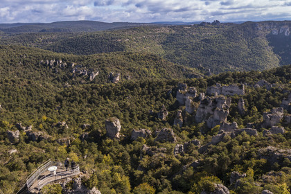 France, Aveyron, Causses and the Cevennes, cultural landscape of Mediterranean agro-pastoralism, listed as World heritage by UNESCO, Causse Noir, La Roque Sainte Marguerite, chaos of Montpellier-le-Vieux, the Cité de Pierres (City of Stones) (aerial view)