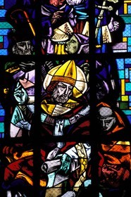 France, Haut Rhin, Eguisheim village, labelled Les Plus Beaux Villages de France (The Most Beautiful Villages of France), glass stained window in a church, representing the pope Leon IX