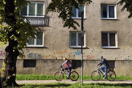 Bosnia and Herzegovina, Sarajevo, bullet holes dating from the siege of Sarajevo by Serb Army Republic of Bosnia between 1992 and 1996