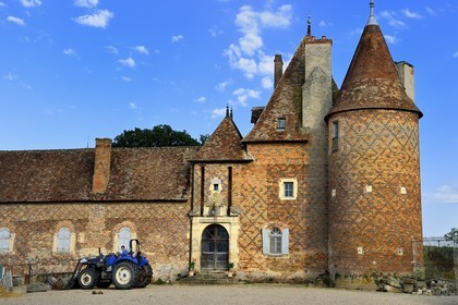 France, Allier (03), ancienne province du Bourbonnais, Chapeau, chateau de la Cour (XVe siècle à fin du XVIe siècle) avec un décor de chevrons de briques noires sur fond de briques rouges