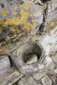 France, Aveyron, Grands Causses regional natural park, the Cistercian fort of Saint-Jean-d’Alcas, medieval stone-cut horse tie ring