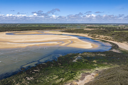 France, Vendée (85), Jard-sur-Mer, la Pointe du Payré, la plage du Veillon et estuaire de la rivière Payré (vue aérienne)