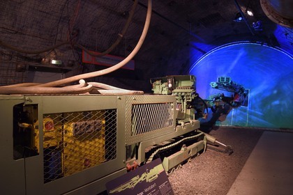 France, Moselle, Petite Rosselle, carreau Wendel museum, bottom of the mine reconstruction, rock digging gallery, Manual drilling machine used for drilling galleries