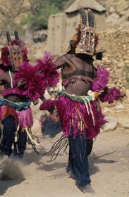 Mali, pays Dogon, falaise de Bandiagara classée Patrimoine Mondial de l'UNESCO, danses du Dama (lever de deuil) au village de Tereli, masque buffle