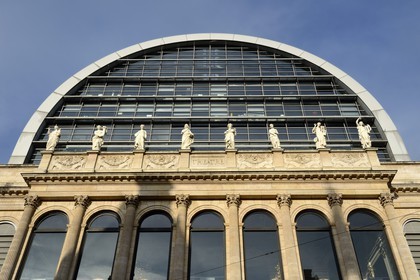 France, Rhone, Lyon, historic site listed as World Heritage by UNESCO, front of the building of the Opera de Lyon designed by architect Jean Nouvel, the Muses of the pediment