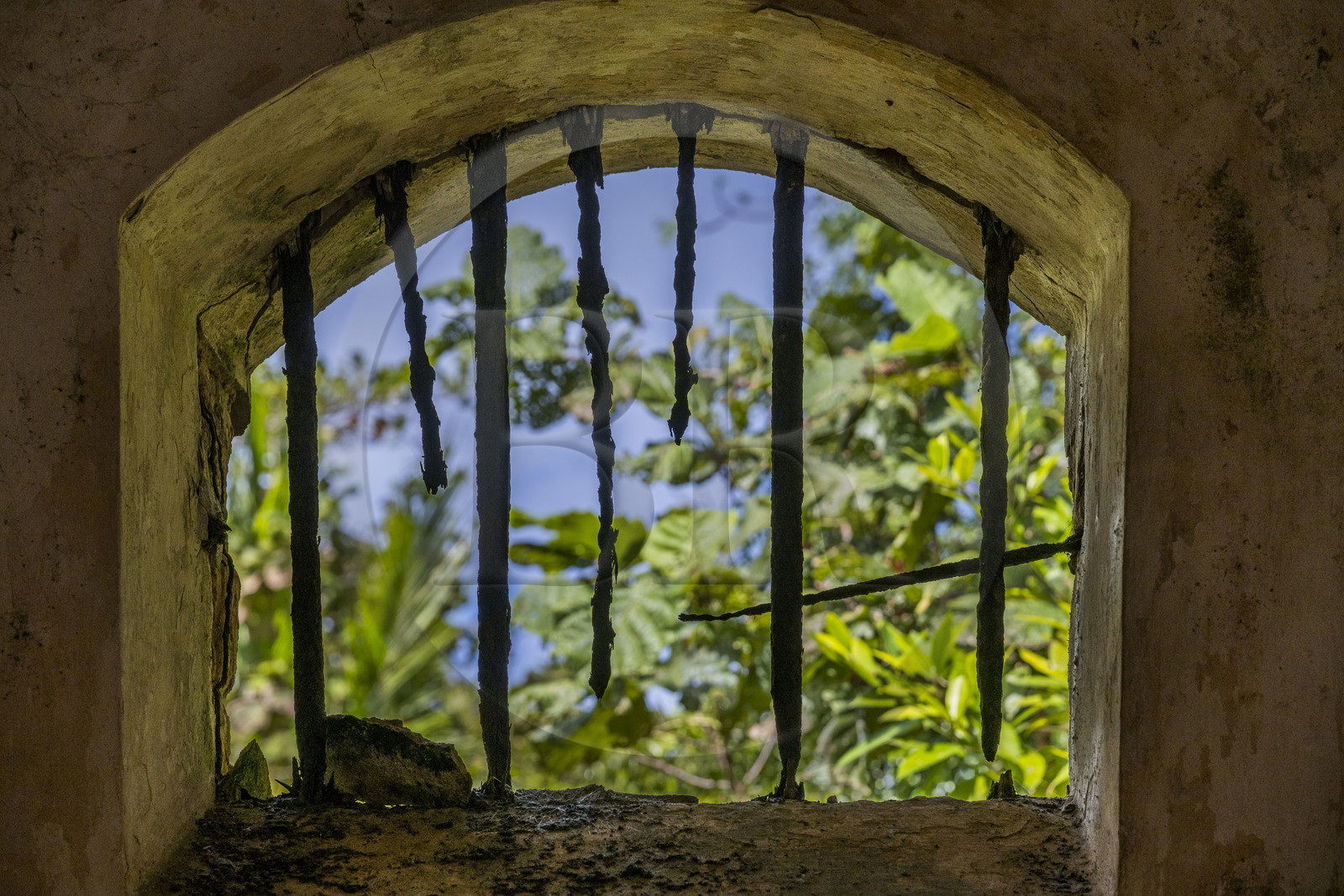 France, Guyane, Kourou, Iles du Salut, Ile Royale, le quartier disciplinaire du bagne pour les condamnés récalcitrants, barreaux d'une cellule rongée par la rouille