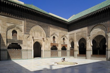 Morocco, Middle Atlas, Fez, Imperial City, Fez El Bali, medina listed as World Heritage by UNESCO, Bouananiya (or Bou Inania) Merdersa, decoration of the courtyard with marble and onyx flagstones and fine-cut facades and zelliges