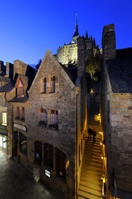 France, Manche, Mont Saint Michel, listed as World Heritage by UNESCO, stairs leading to the Abbey next to the post office