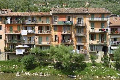 France, Alpes-Maritimes, Sospel, trompe-l'oeil houses facades on Bevera river