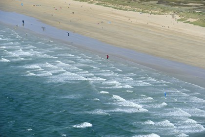 France, Morbihan, kitesurfing on Erdeven and Plouharnel beach (aerial view)