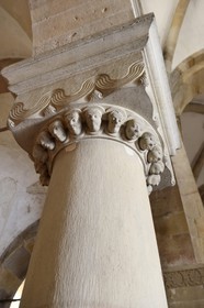 France, Bas Rhin, Rosheim village, St-Pierre and St-Paul roman Church, heads capital with 21 human figures