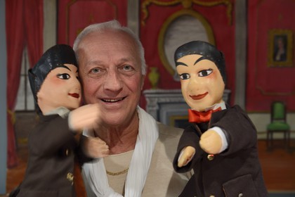 France, Rhone, Lyon, La Croix Rousse District, Guignol un gone de Lyon (Guignol a kid from Lyon) company, the puppeteer Daniel Streble with two of his Guignol that are over 180 years old