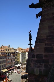 France, Bas Rhin, Strasbourg, old town listed as World Heritage by UNESCO, the place north of the Notre Dame Cathedral, base of a flying buttress with chimeras and gargoyles