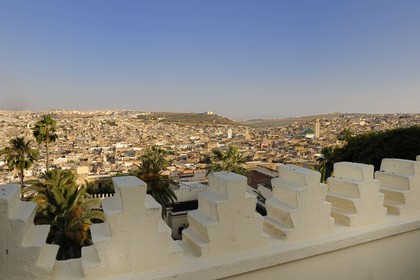 Morocco, Middle Atlas, Fez, Imperial City, Sofitel Palais Jamai Hotel terrace overlooking the medina listed as World Heritage by UNESCO