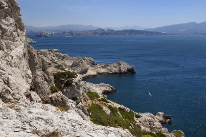 France, Bouches du Rhone, Marseille, Calanques National Park, archipelago of Frioul islands, Pomegues island and the Marseille skyline in the background