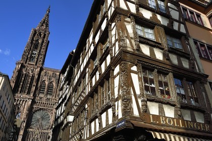 France, Bas Rhin, Strasbourg, old town listed as World Heritage by UNESCO, carved wood-framed Bollinger House on Mercière Street and Notre Dame Cathedral