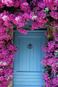 France, Var (83), porte fleurie dans le village de Grimaud