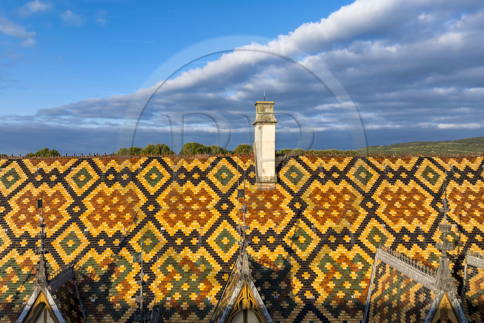 France, Cote d'Or, Beaune, area listed as World Heritage by UNESCO, Hospices de Beaune, Hotel Dieu, the roofs covered with glazed and colored tiles (aerial view)