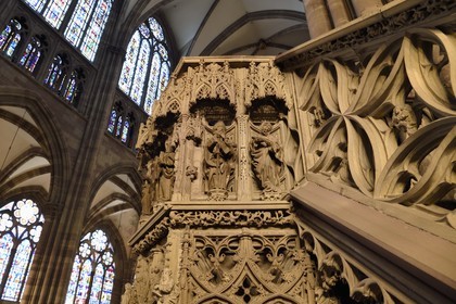 France, Bas-Rhin (67), Strasbourg, vieille ville classée au Patrimoine Mondial de l'UNESCO, la cathédrale Notre-Dame, la chaire du grand prédicateur Geiler de Kaysersberg réalisée par le sculpteur Hans Hammer en 1485