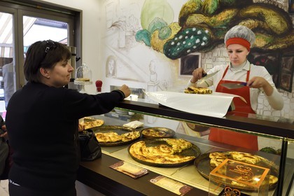 Bosnia and Herzegovina, Sarajevo, Bascarsija district in the old town, Buregdzinica Oklagija in Bravadziluk street, burek and pita restaurant, salted pastries originating from Central Asia very popular in the countries of the former Ottoman Empire