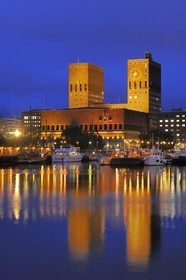 Norway, Oslo, the harbour overlooked by the Town Hall (Radhuset)