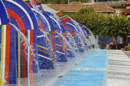 France, Vosges, Contrexeville Spa and health Resort, place des fontaines (fountain Square), rectangular Square with its prophyry cobblestone, it bears 24 fountains made of Carrare marble and enamelled lava, standing high between 2,50 and 3,50 metres
