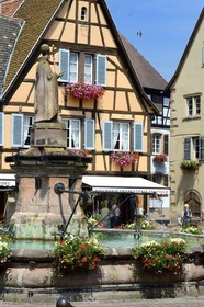 France, Haut Rhin, Eguisheim, labelled Les Plus Beaux Villages de France (The Most Beautiful Villages of France), Castle square, the fountain topped by a statue of Pope Leo IX native of the village