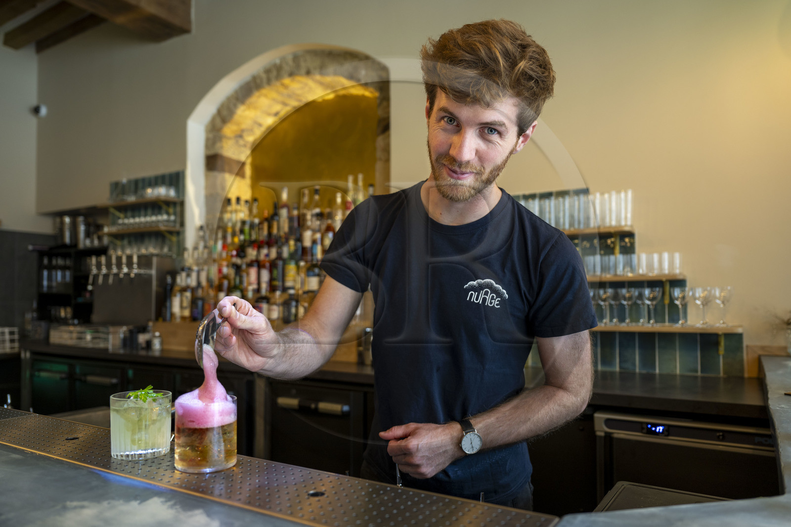 France, Côte-d'Or (21), Dijon, zone classée Patrimoine Mondial de l'UNESCO, le barman roi du cocktail Colin Lach dans son Bar Nuage place Bossuet