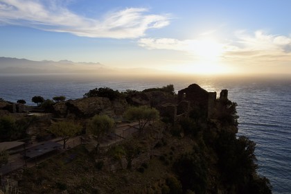 France, Haute Corse, Nonza, ruins of the Sassa in front of the Gulf of Saint Florent