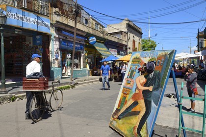 Argentina, Buenos Aires, La Boca district, sign for tango souvenir picture in Dr. del Valle Iberlucea street