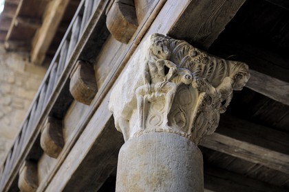 France, Aude, Lagrasse village, labelled Les Plus Beaux Villages de France (The Most Beautiful Villages of France), Sainte Marie de Lagrasse Abbey, capital of lust attributed to the the master of Cabestany