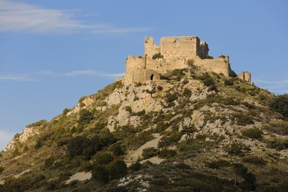 France, Aude, Cathar castle of Aguillar ruins in the heart of Corbieres ..