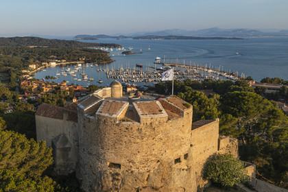 France, Var, Iles d'Hyeres, Parc National de Port Cros (National park of Port Cros), Porquerolles island, the village and harbor of Porquerolles seen from the castle Sainte-Agathe (aerial view)