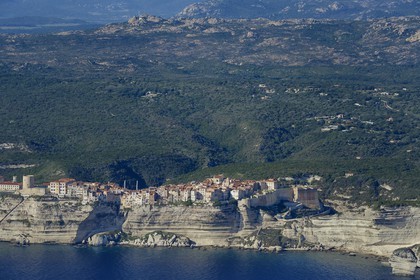 France, Corse du Sud, Bonifacio, the limestone cliffs, the citadel and the old town (aerial view)