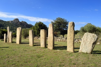 France, Corse du Sud, Sartene, archaeological site of Cauria, I Stantari alignment, standing stones