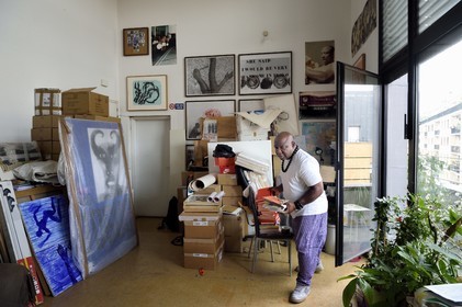 France, Paris, Barthelemy Toguo, the artist founder of Bandjoun Station in Cameroon, in his Parisian studio