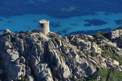 France, Corse du Sud, Cala de Roccapina natural site, Roccapina genoese tower (aerial view)