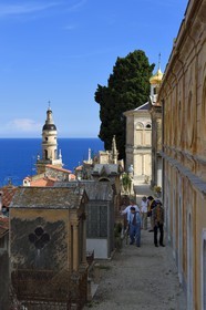 France, Alpes-Maritimes, Menton, old town, the St Michael Basilica bell tower seen from the Old Castle cemetery, marine cemetery