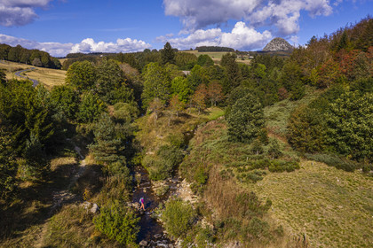 France, Ardeche, parc naturel regional des Monts d'Ardeche (Regional natural reserve of the Mounts of Ardeche), hiker on the GR 7 trail at the junction of the Loire on the right and the Riu l'Aigue Negre on the left, the Mont Gerbier-de-Jonc (1551 m) where the Loire finds its source in the background (aerial view)