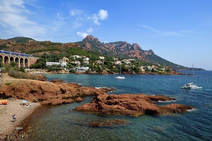 France, Var, Agay area next to Saint-Raphael, Massif de l'Esterel (Esterel Massif), Massif of Cap Roux, creek of Antheor and the Cap Roux overlooked by the Saint Pilon