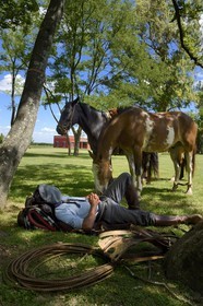 Argentina, Buenos Aires Province, San Antonio de Areco, estancia La Bamba de Areco, gaucho taking a nap at camp