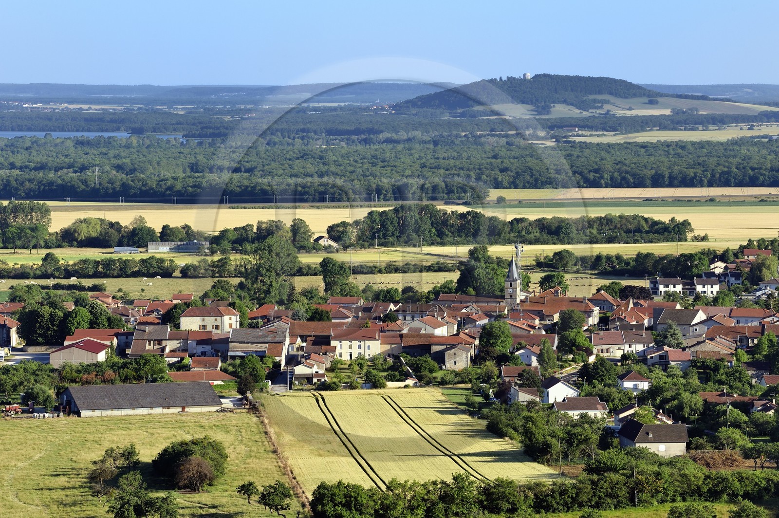 France, Meuse (55), Parc régional de Lorraine, Cotes de Meuse, Hattonchâtel, le bas village de Vigneulles-les-Hattonchatel dans la plaine de la Woëvre et le Monument américain de la Butte de Montsec en arrière plan
