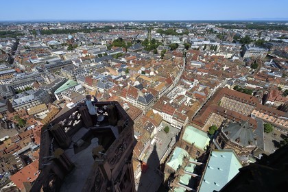 France, Bas Rhin, Strasbourg, old town listed as World Heritage by UNESCO, Notre Dame Cathedral, top of one of the four spiral staircases called the Vier Schnecken (four snails) connected to the octagonal tower by a footbridge, seen to the north and in the central axis on the street of the Jews and the avenue of the Peace